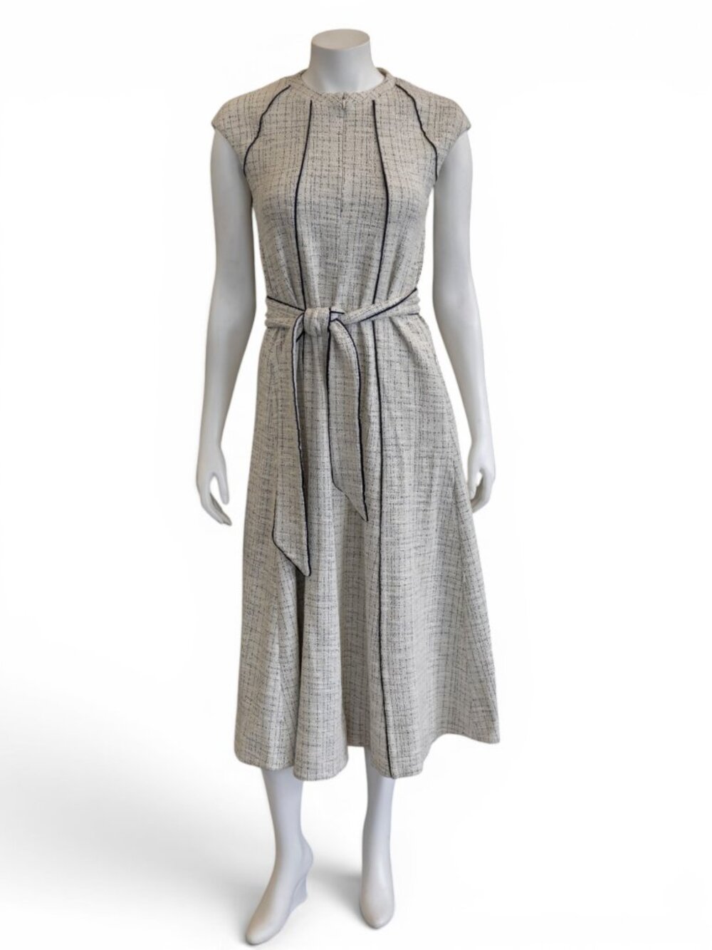 ME + EM Textured Tweed Knit Midi Dress w/ Black Piping & Tie Waist